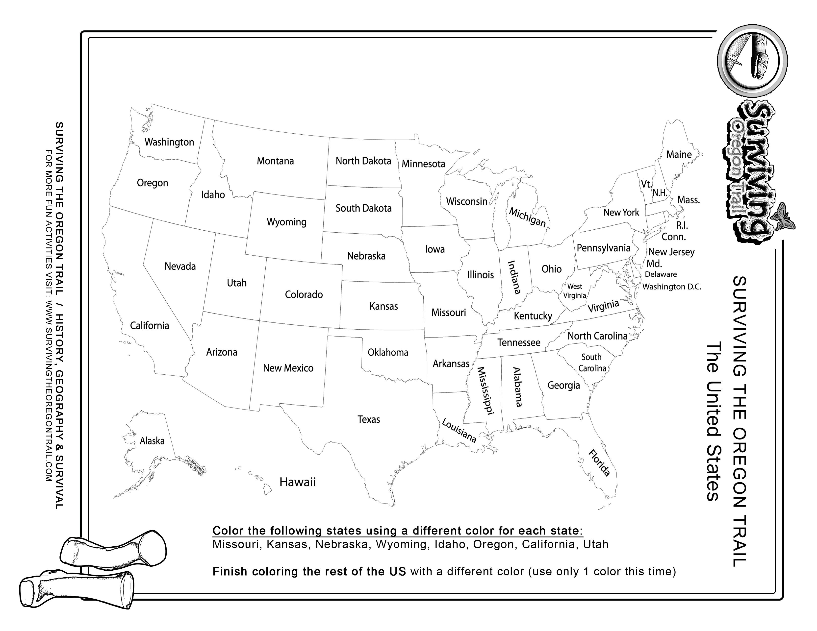 us coloring page color the following states surviving the oregon trail